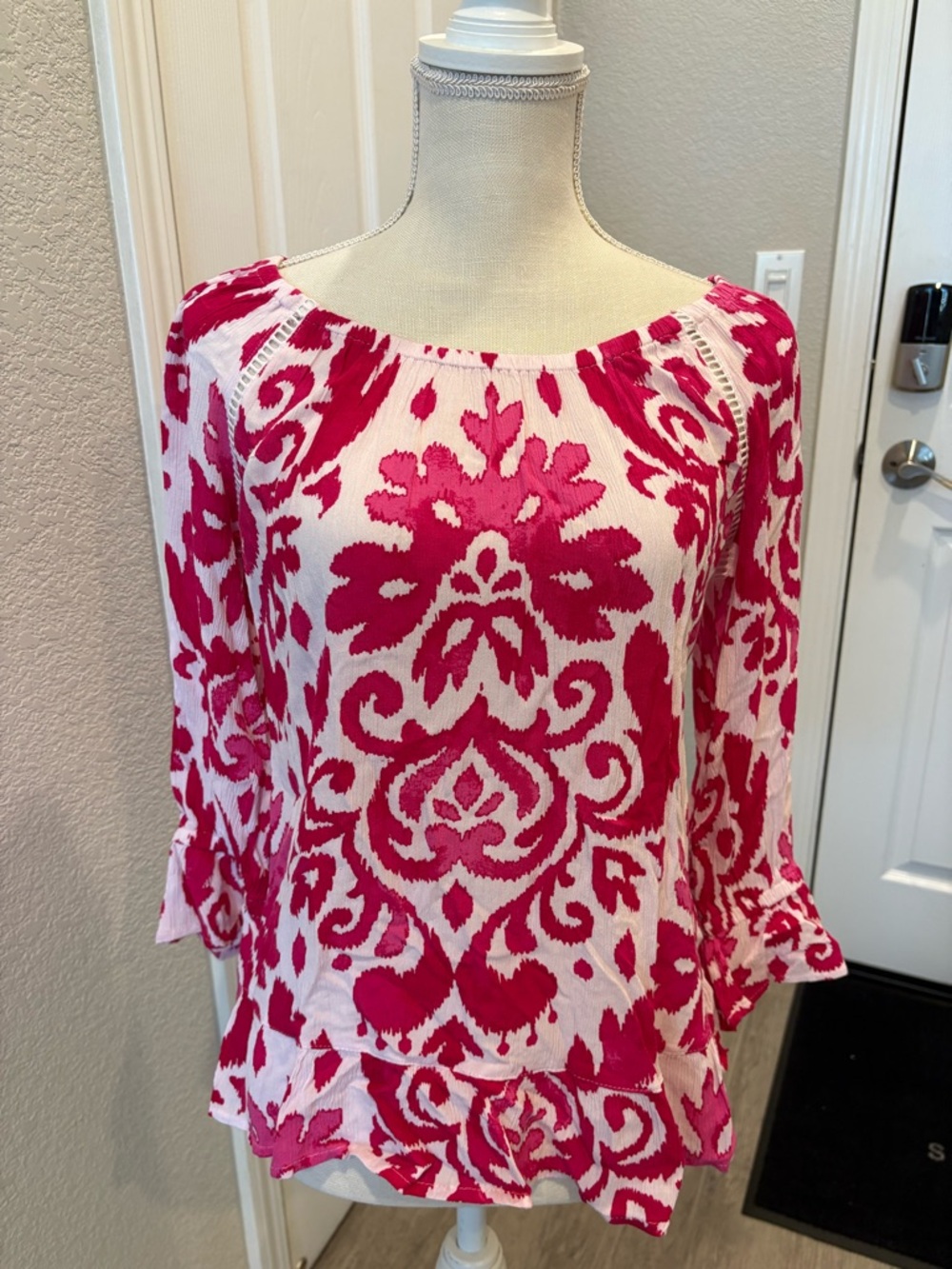 INC International Concepts White and Fuchsia Printed Blouse